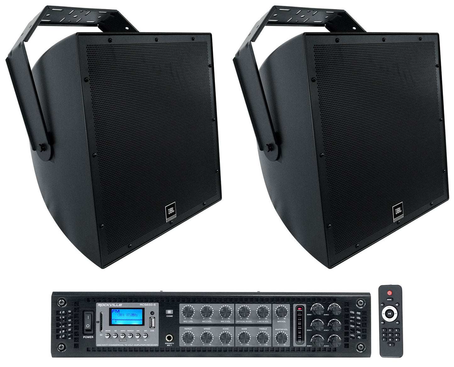 2) JBL AWC159 15" Indoor/Outdoor 70V Black Surface Mount Commercial Speakers+Amp