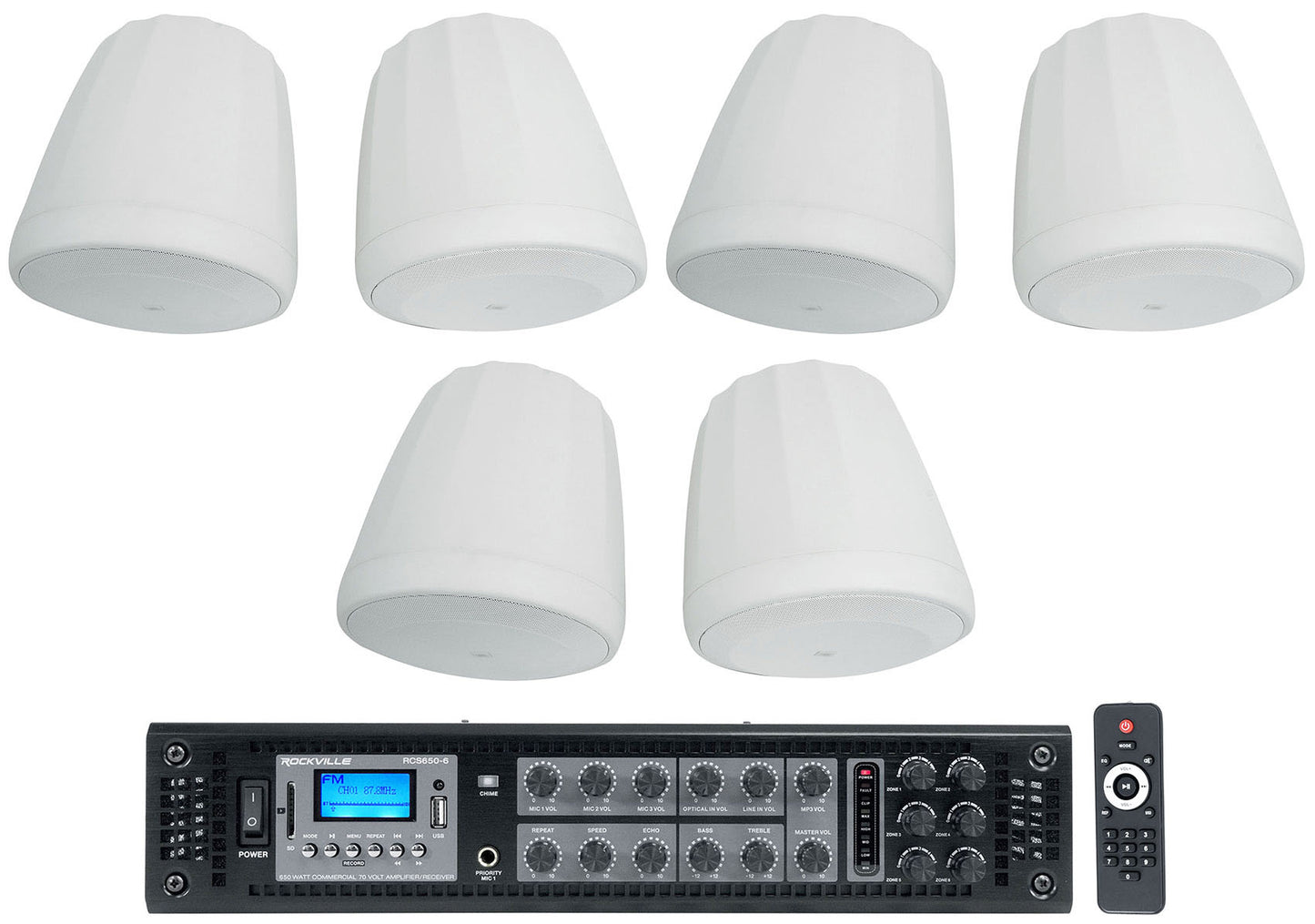 (6) JBL CONTROL 68HP-WH 70v Commercial 8" Hanging White Pendant Speakers+Amp