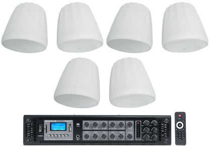 (6) JBL CONTROL 68HP-WH 70v Commercial 8" Hanging White Pendant Speakers+Amp