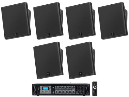 6) JBL SLP12/T-BK Sleek Low-Profile On Wall Mount 3" 70v Commercial Speakers+Amp