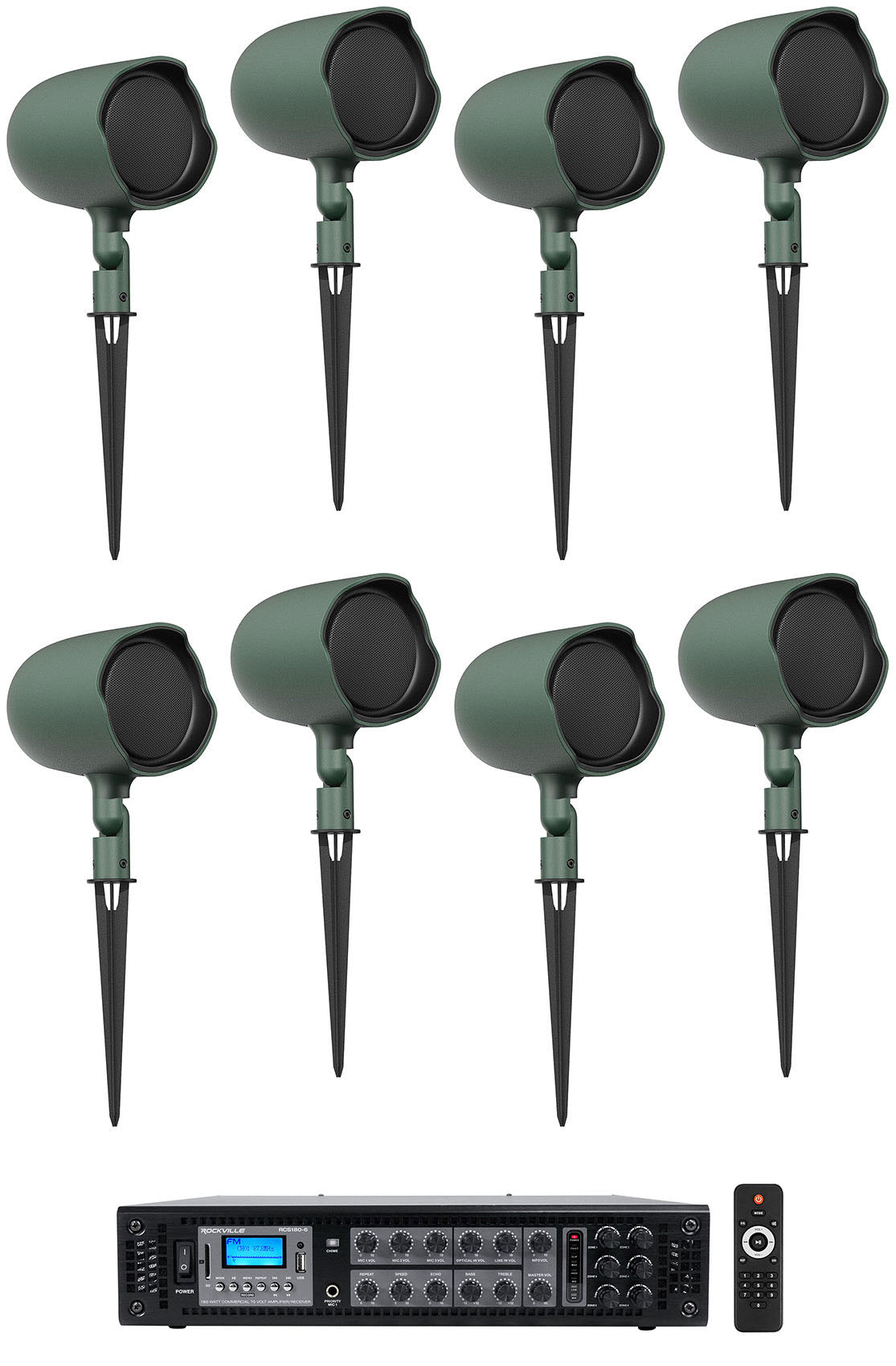 (8) JBL GSF3-GN 6.5" Landscape Ground Stake/Wall 70v Commercial Speakers+Amp