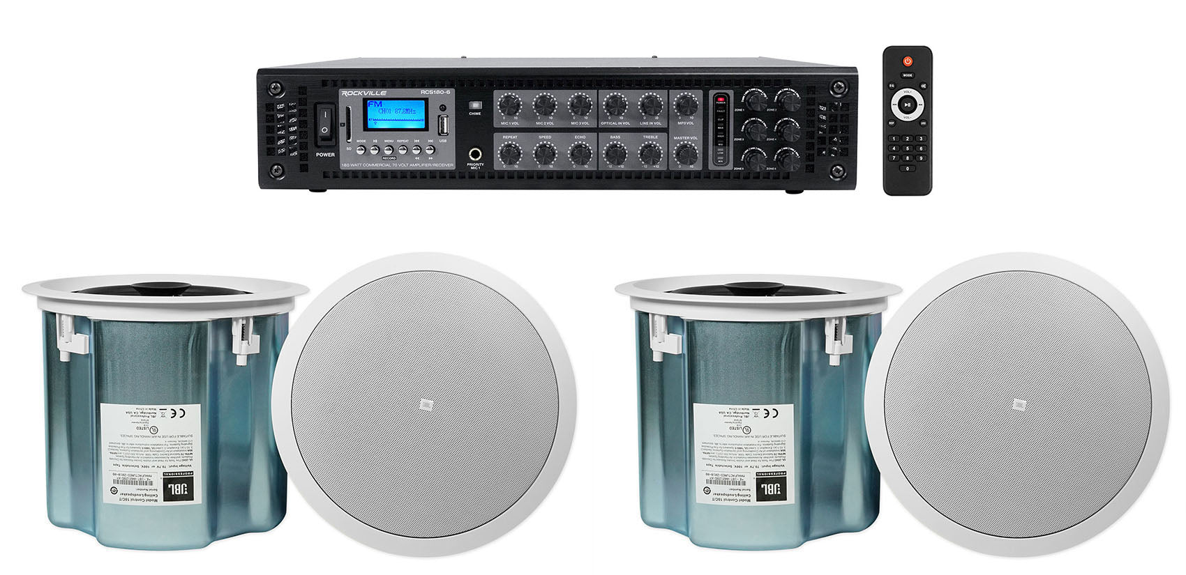 Control 18C/T White 4-Pack + RCS180-6 6-Zone 180W Amp Bundle