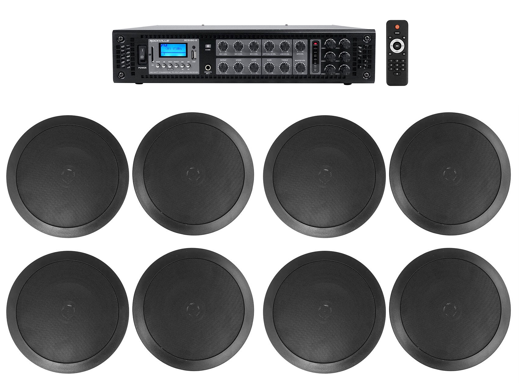 CC65T Black 8-Pack + RCS180-6 6-Zone 180W Amp Bundle