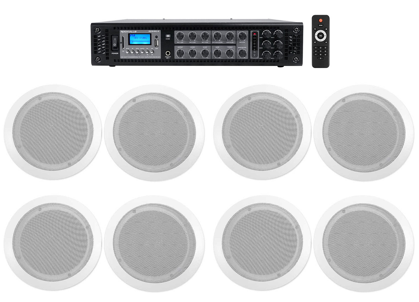 CC65T White 8-Pack + RCS180-6 6-Zone 180W Amp Bundle