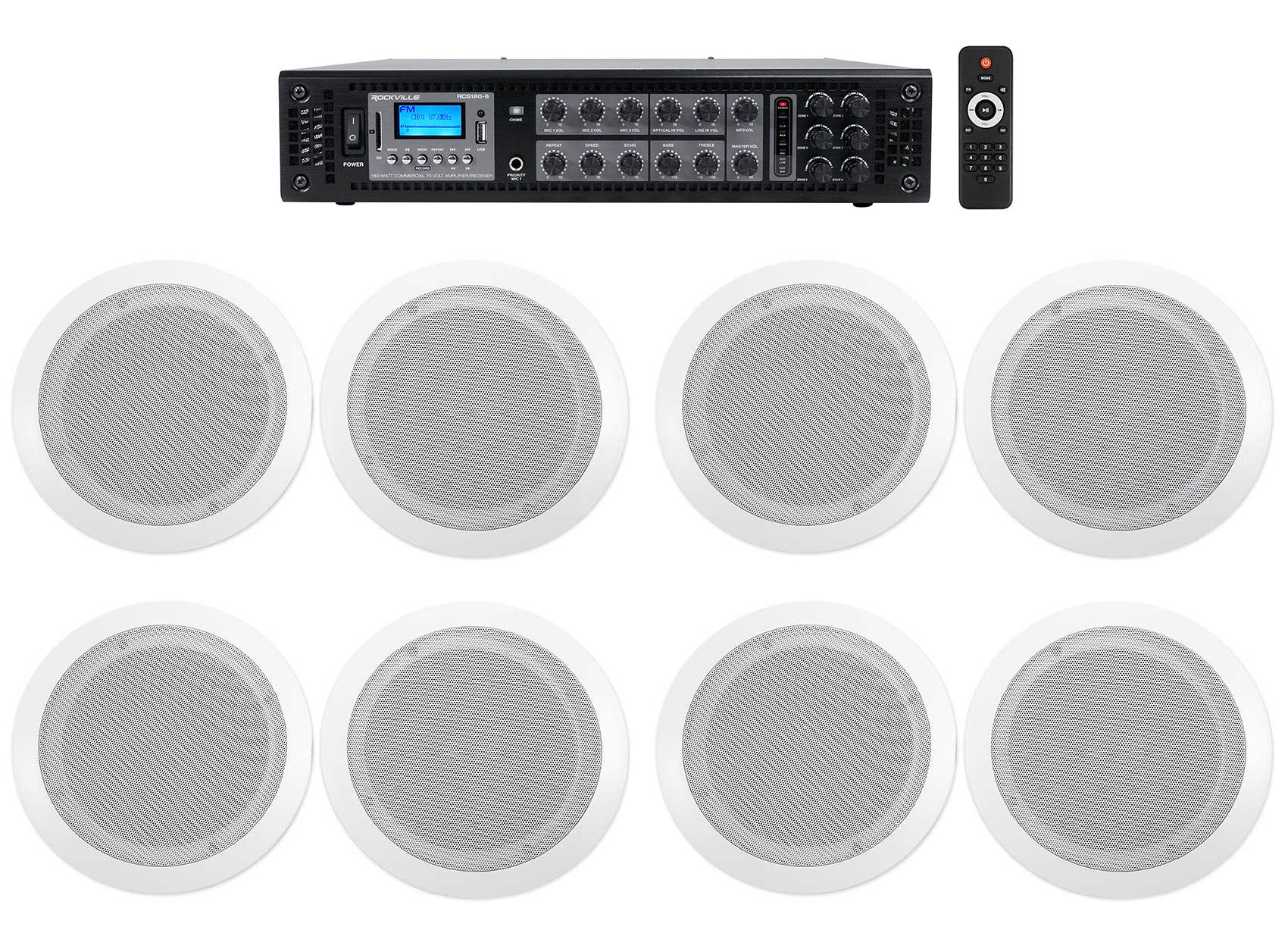 CC65T White 8-Pack + RCS180-6 6-Zone 180W Amp Bundle