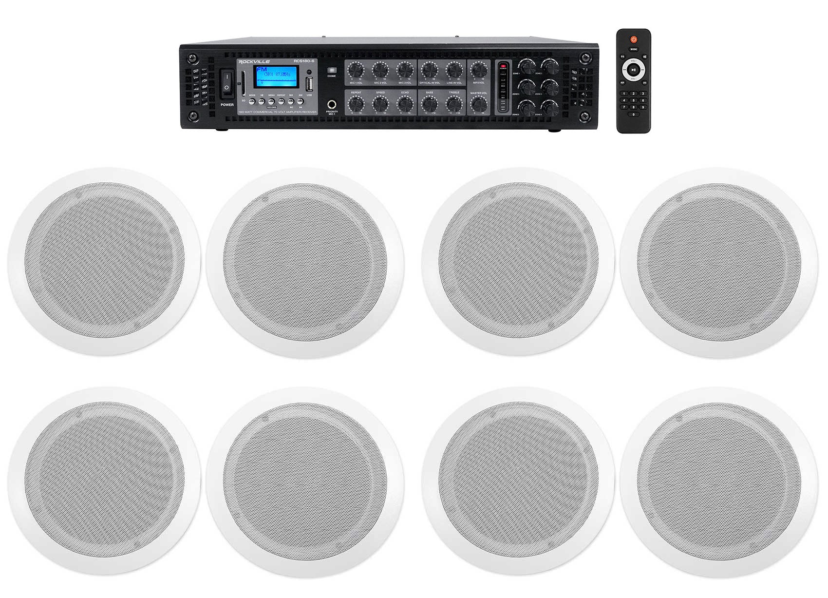 CC65T White Ceiling Speakers 8-Pack + RCS180-6 6-Zone Amplifier Bundle