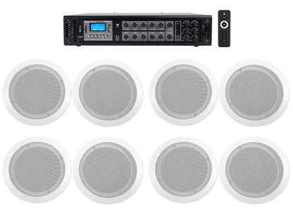 CC65T White Ceiling Speakers 8-Pack + RCS180-6 6-Zone Amplifier Bundle