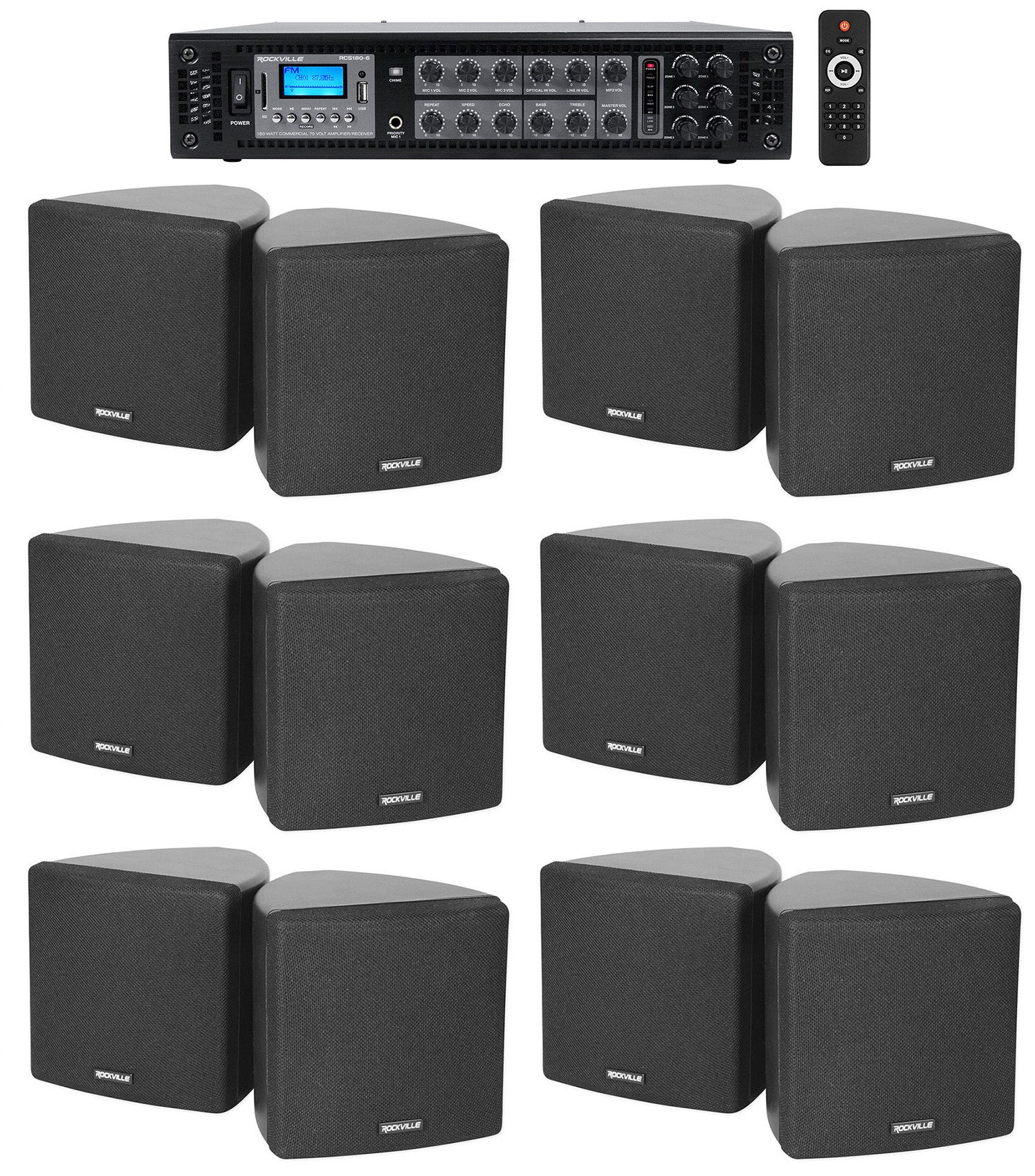 Cube 70V Black 12-Pack + RCS180-6 6-Zone 180W Amp Bundle