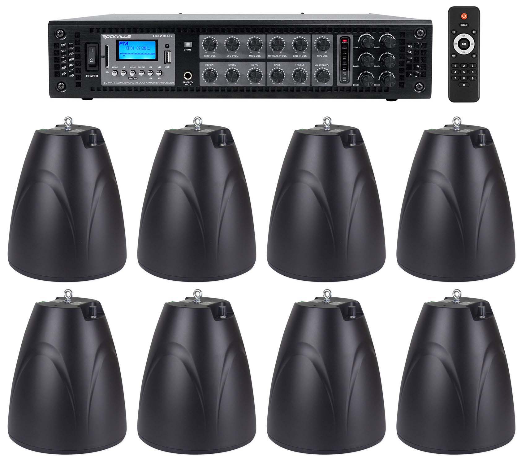 PEN-65T Black 8-Pack + RCS180-6 6-Zone 180W Amp Bundle