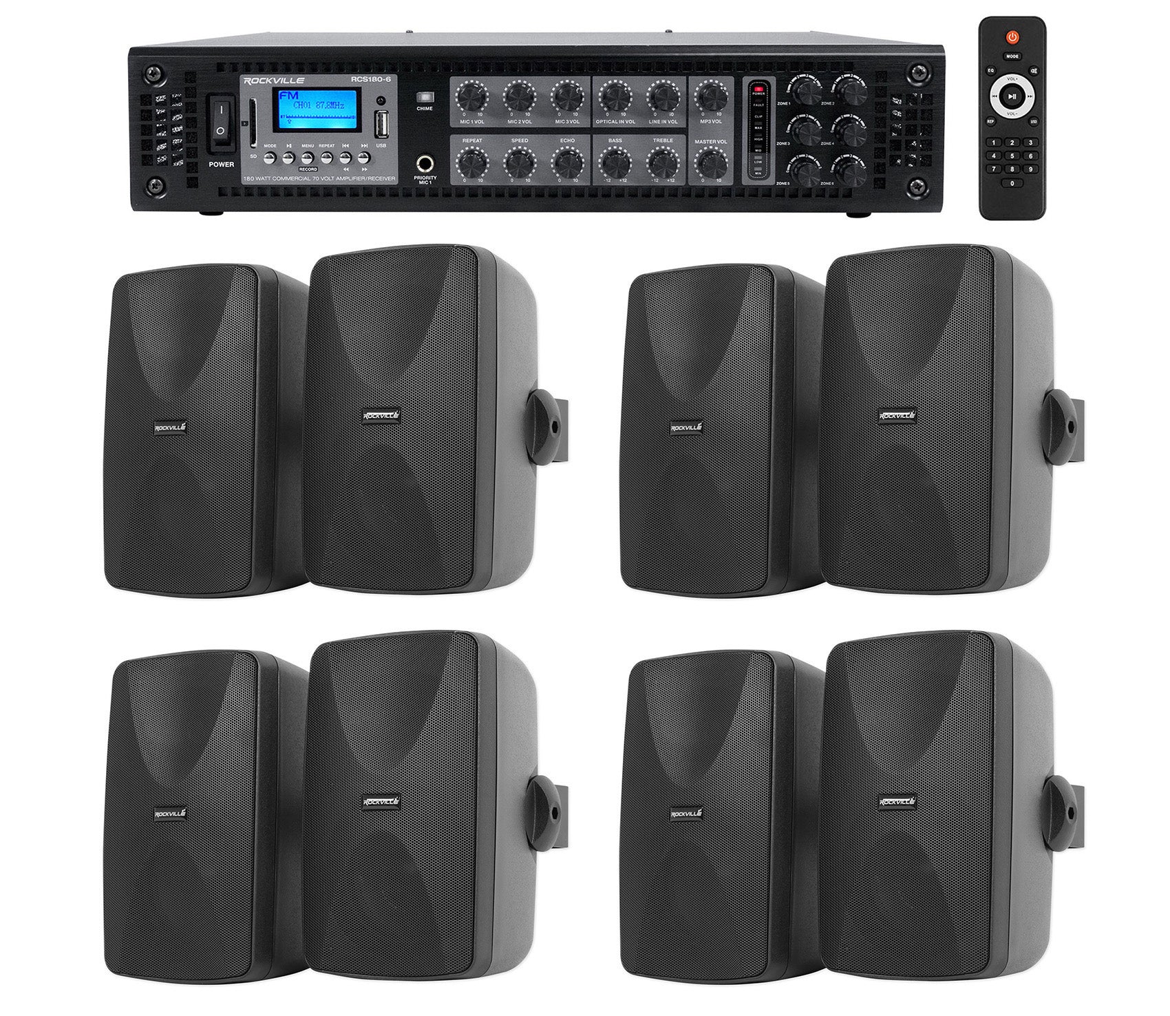 WET-7020B Black 8-Pack + RCS180-6 Amplifier Bundle