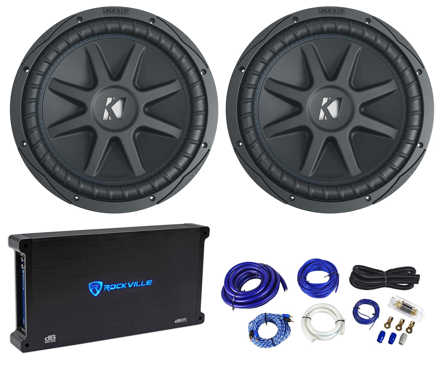 2) Kicker 50CVX122 Comp VX CVX 12" 3000w Car Subwoofers+Mono Amplifier+Amp Kit