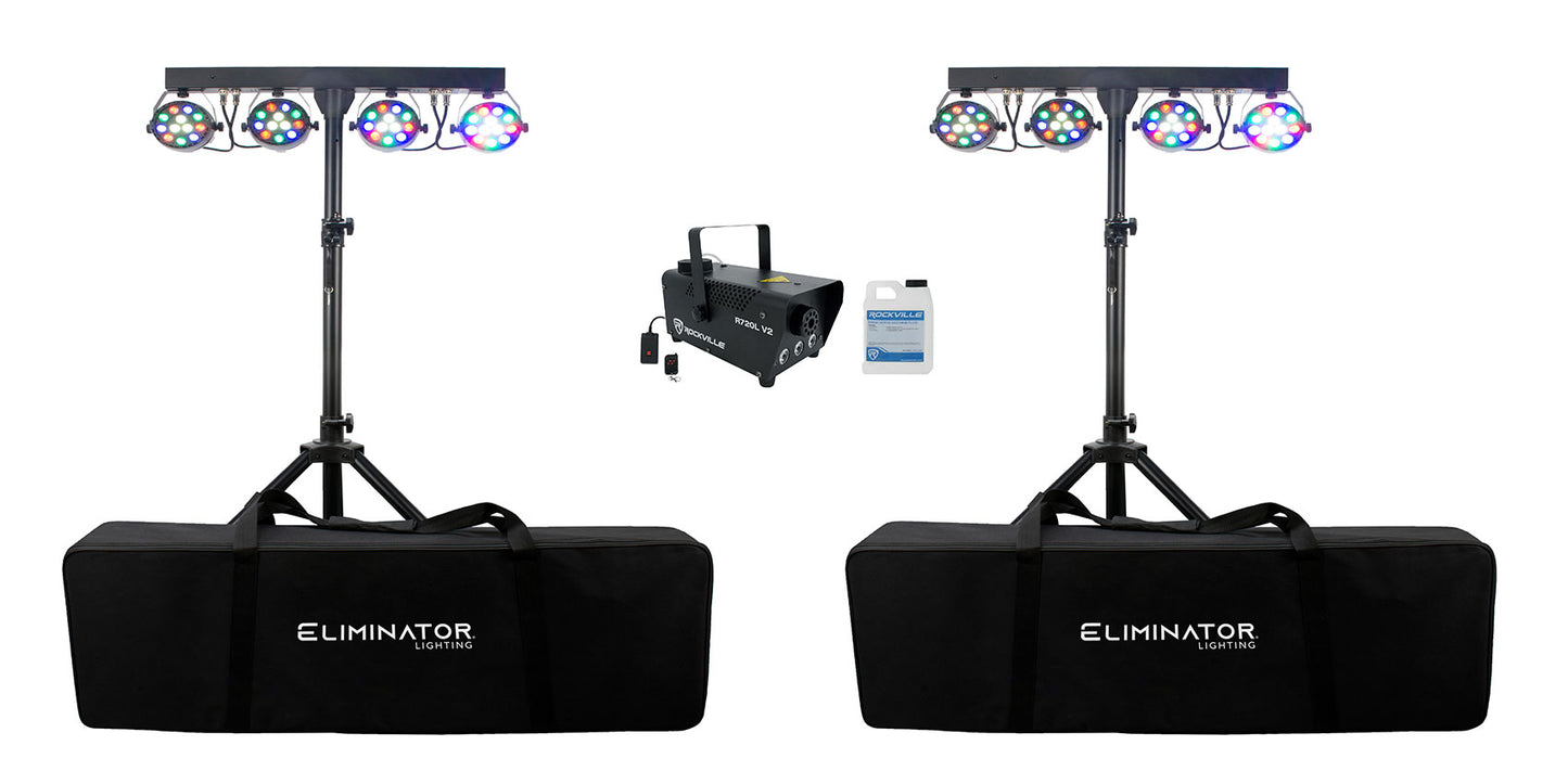 (2) Eliminator Mini Par Bar Light Systems w/4xPar Lights+Stand+Remote+Bag+Fogger