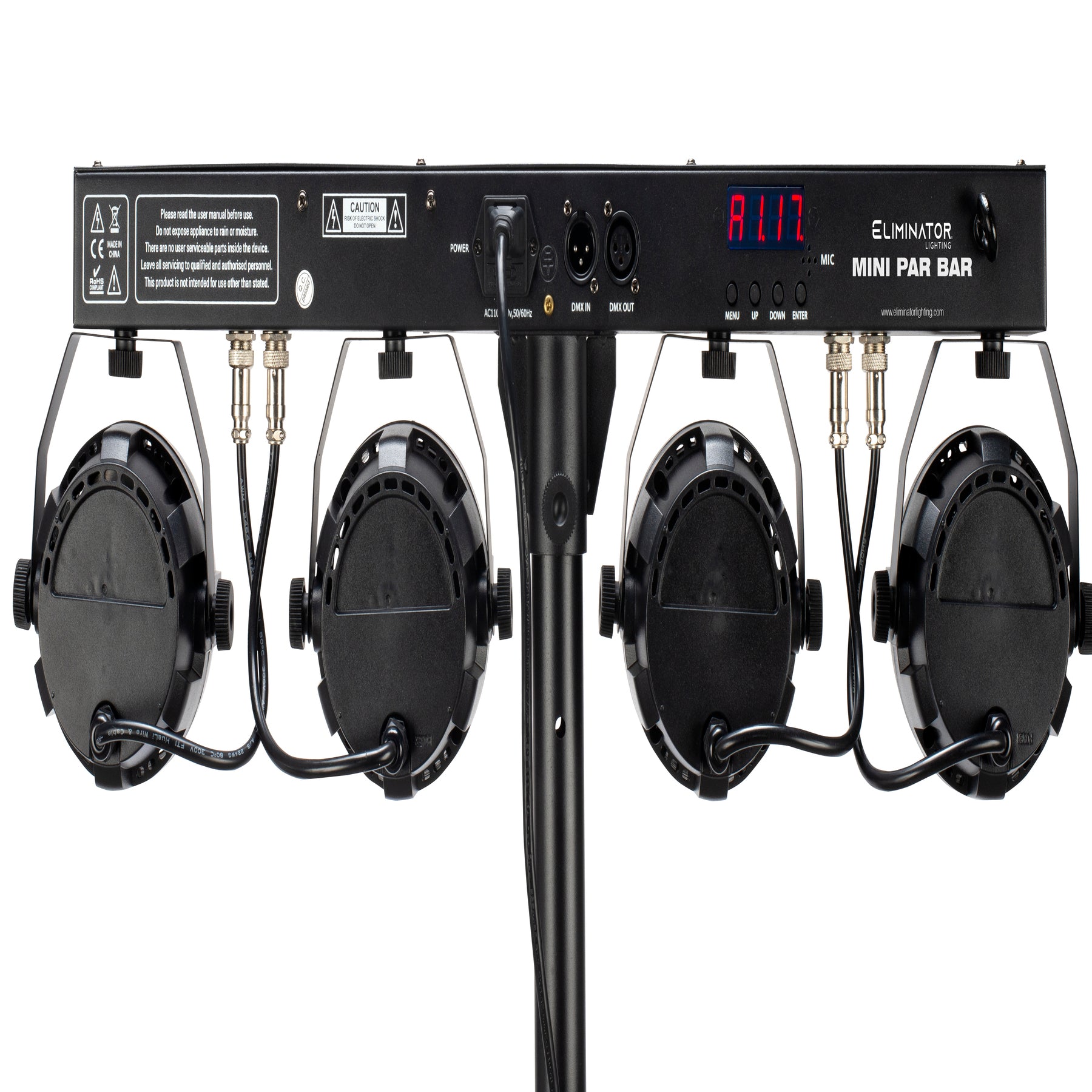 (2) Eliminator Mini Par Bar Light Systems w/4xPar Lights+Stand+Remote+Bag+Fogger