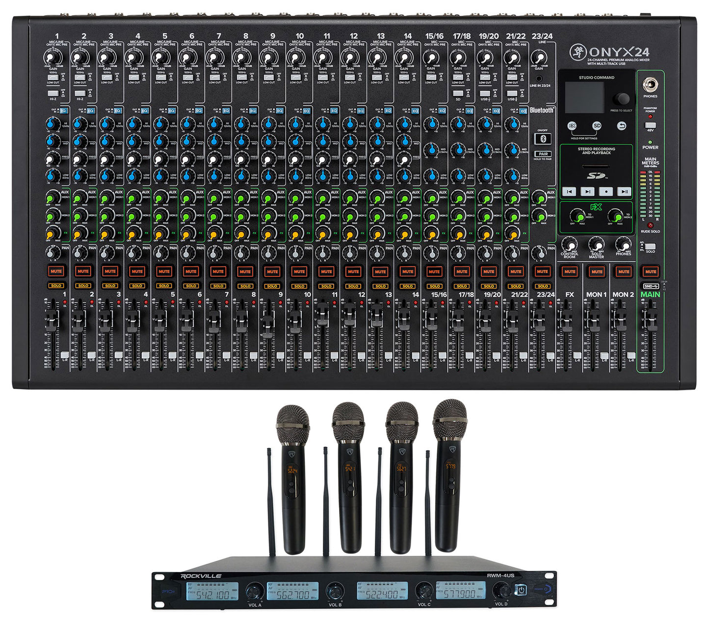 Mackie ONYX24 24-Channel Analog Mixer w/USB/3-Band EQ+Bluetooth+4) Wireless Mics