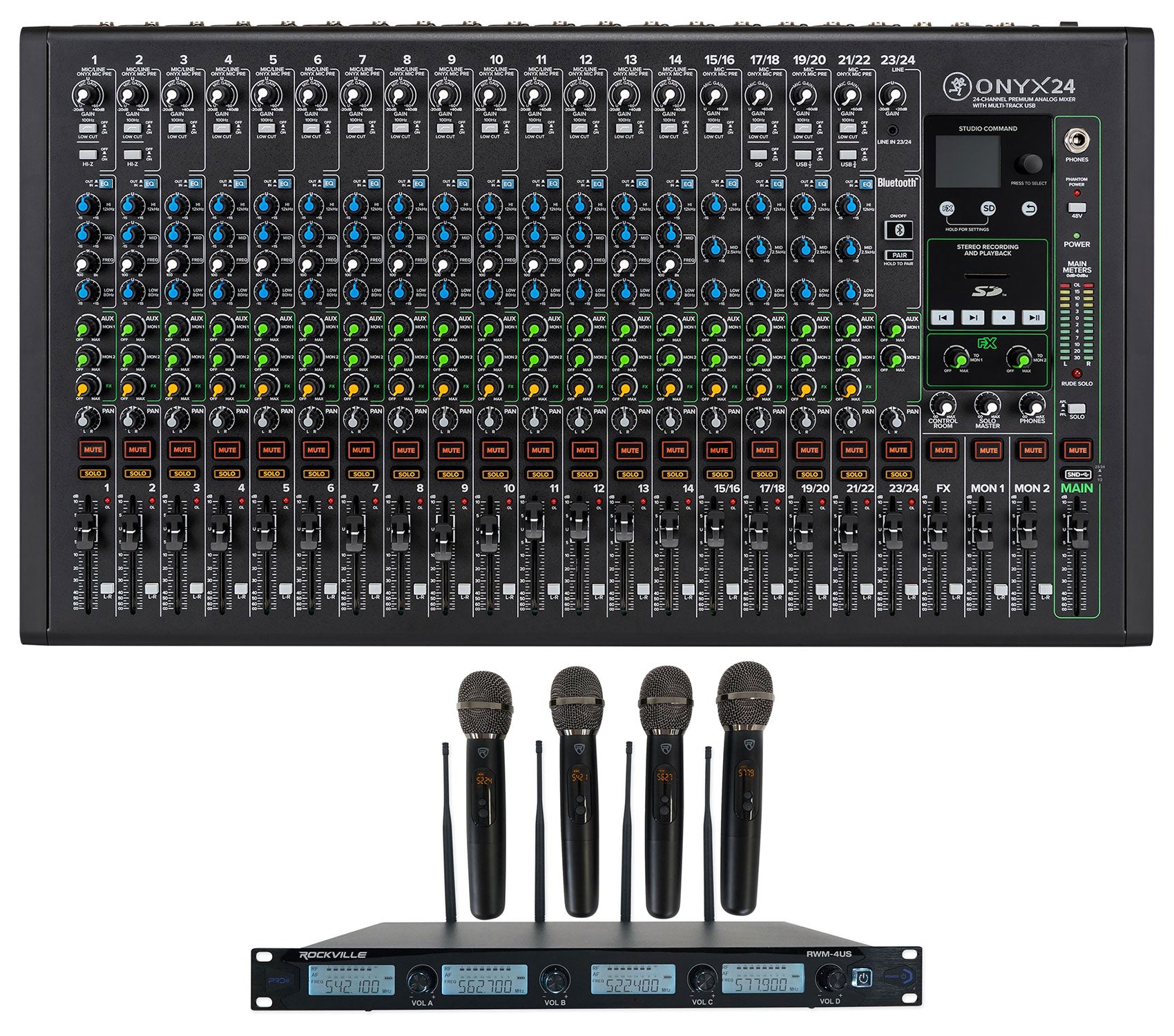 Mackie ONYX24 24-Channel Analog Mixer w/USB/3-Band EQ+Bluetooth+4) Wireless Mics