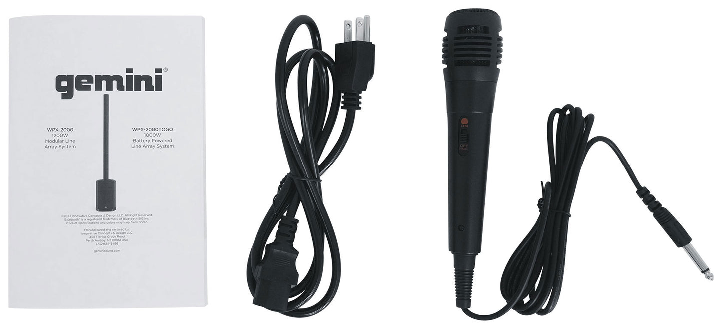 Gemini WPX-2000TOGO Rechargeable DJ/PA Line Array Speaker+Sub+Mic+XLR Cables