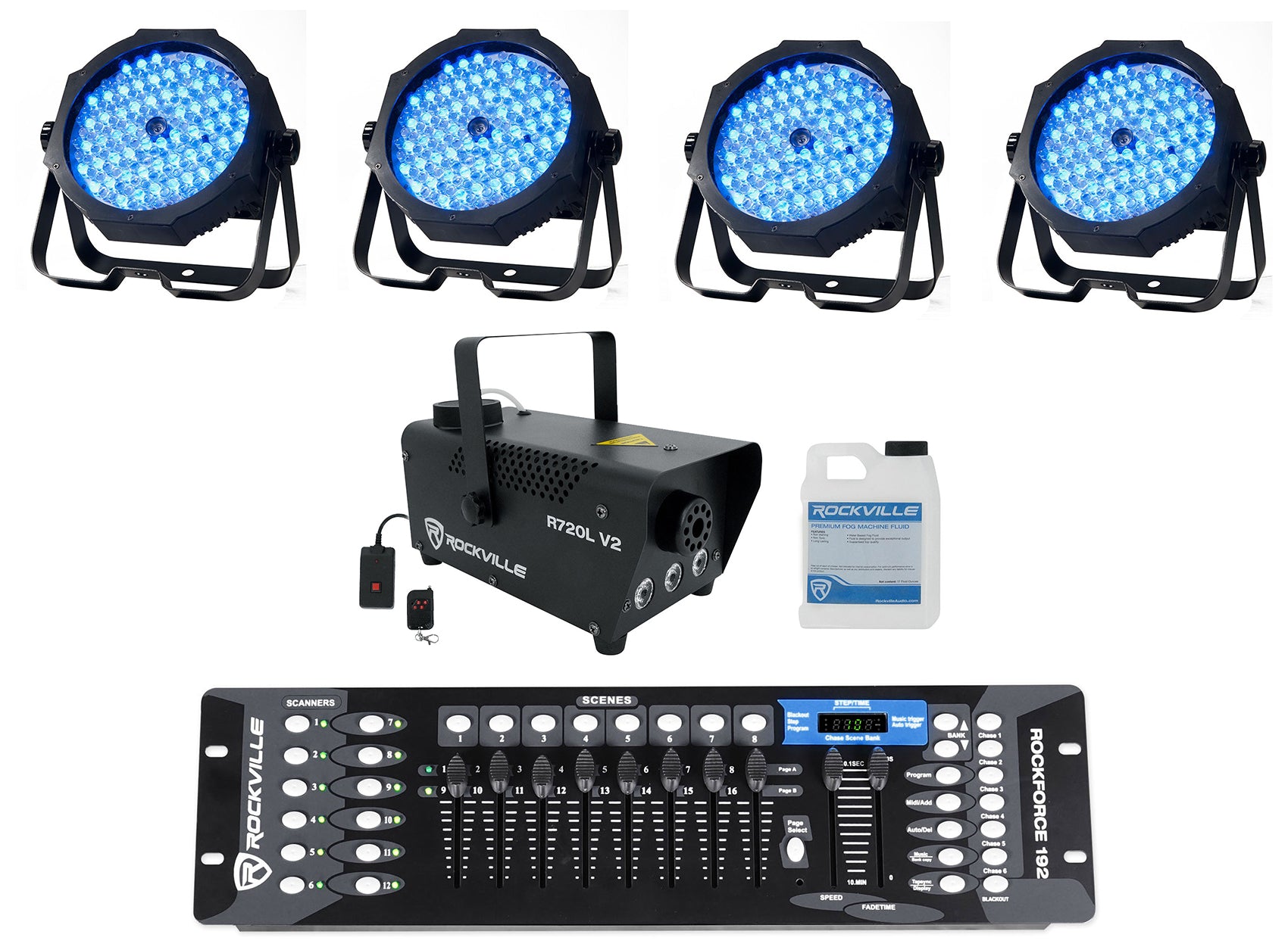 (4) Eliminator ADJ MEGA GO PAR 64E RGB+UV Par Wash Lights+DMX Controller+Fogger