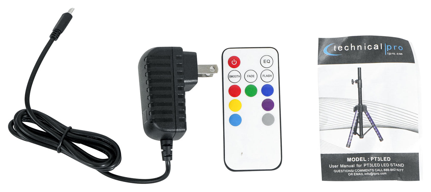 (2) Technical Pro PT3LED Rechargeable RGBWY LED Tripod DJ Speaker Stands+Bag