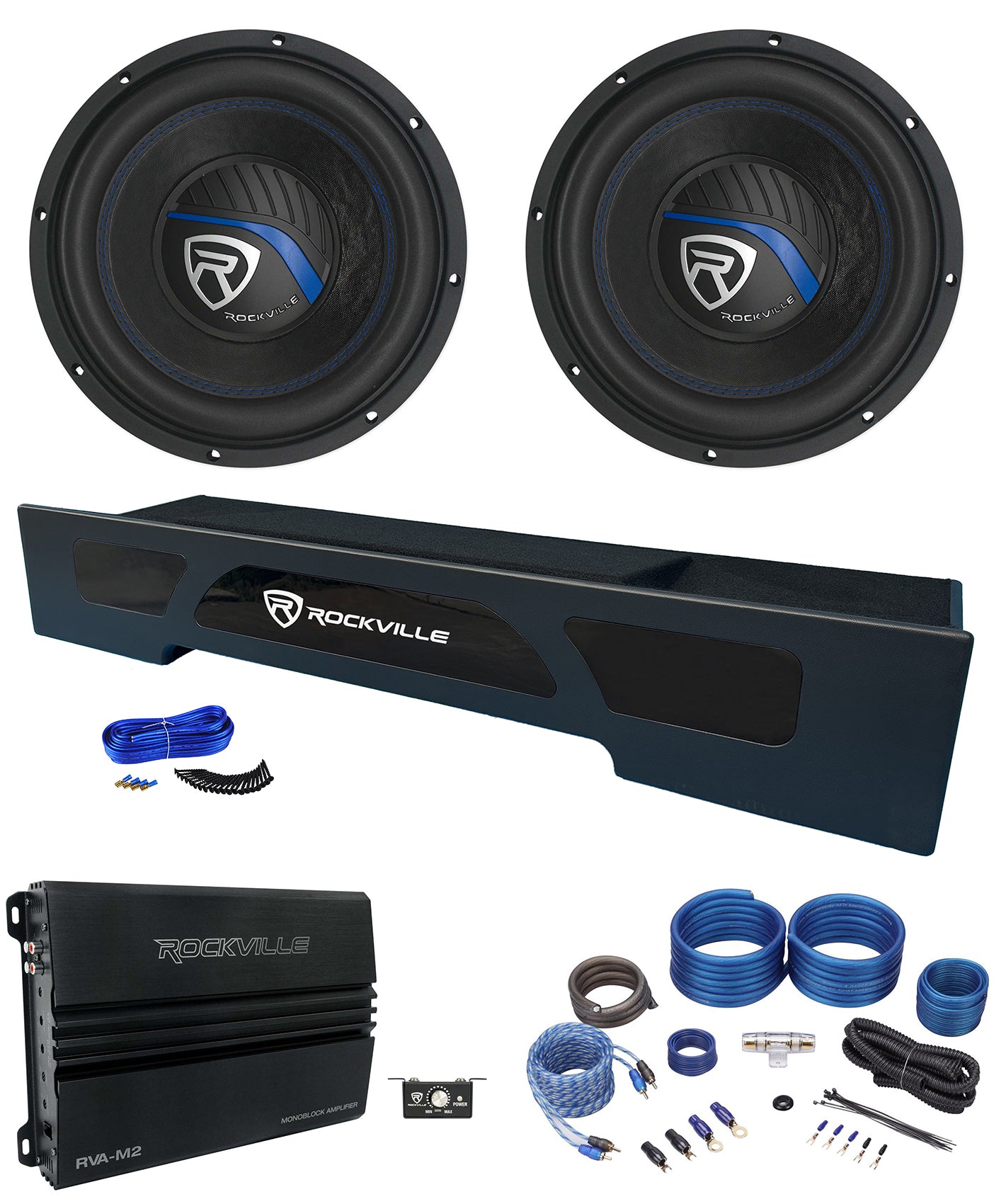 K5 10" 2-Ohm Subwoofers 2-Pack + Amp + Ford Super Crew Dual 10" Box Bundle