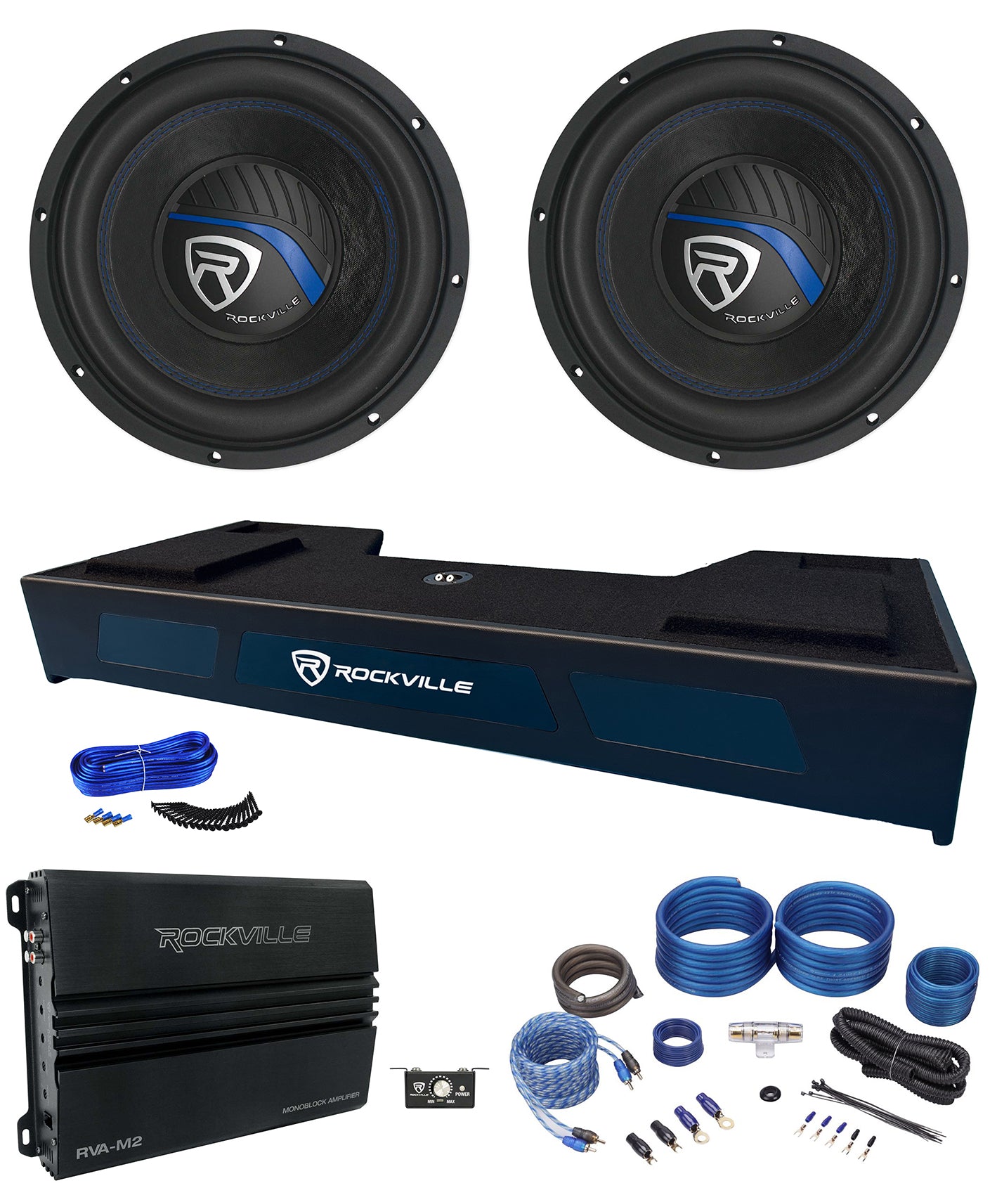 K5 10" 2-Ohm Subwoofers 2-Pack + Amp + Ford Super Crew Dual 10" Box Bundle