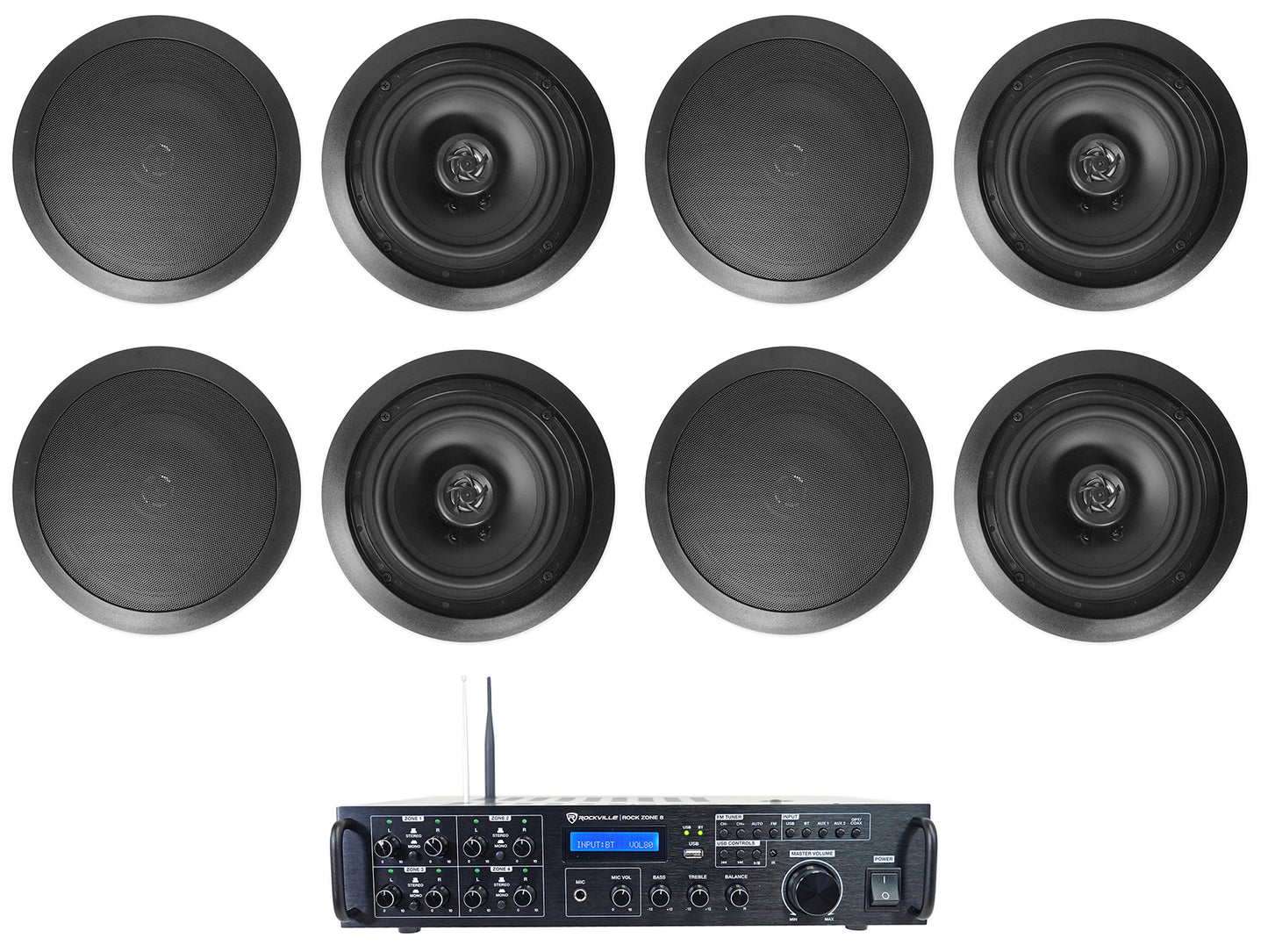 Rock Zone 8 8-Pack + HC655 Black In‑Ceiling Speakers Bundle