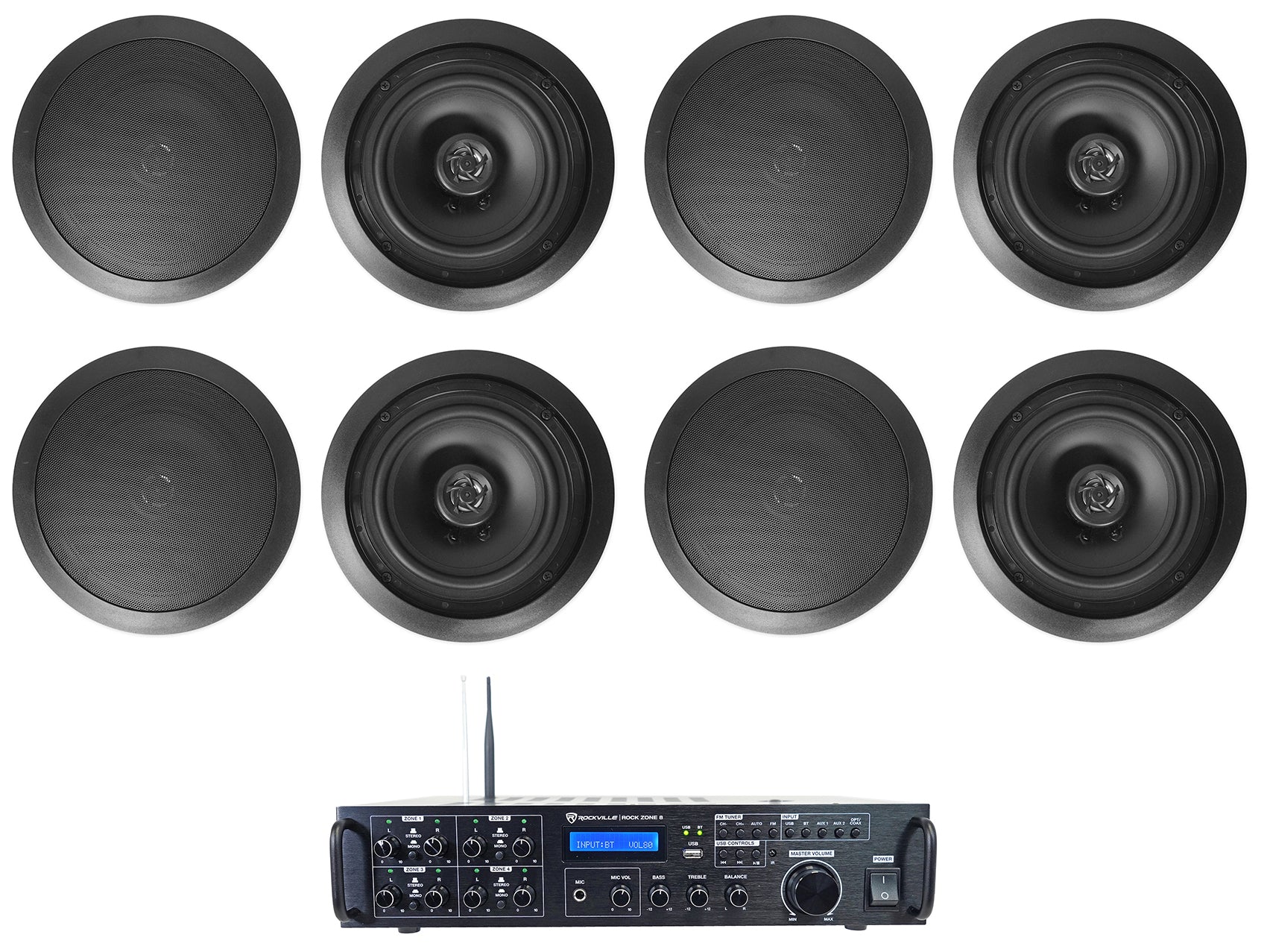 Rock Zone 8 8-Pack + HC655 Black In‑Ceiling Speakers Bundle