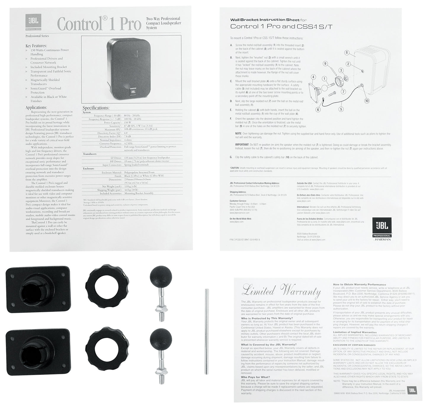 Pair JBL C1PRO Control 1 PRO Black 5.25" Wall Mount Home/Commercial Speakers [Open Box]