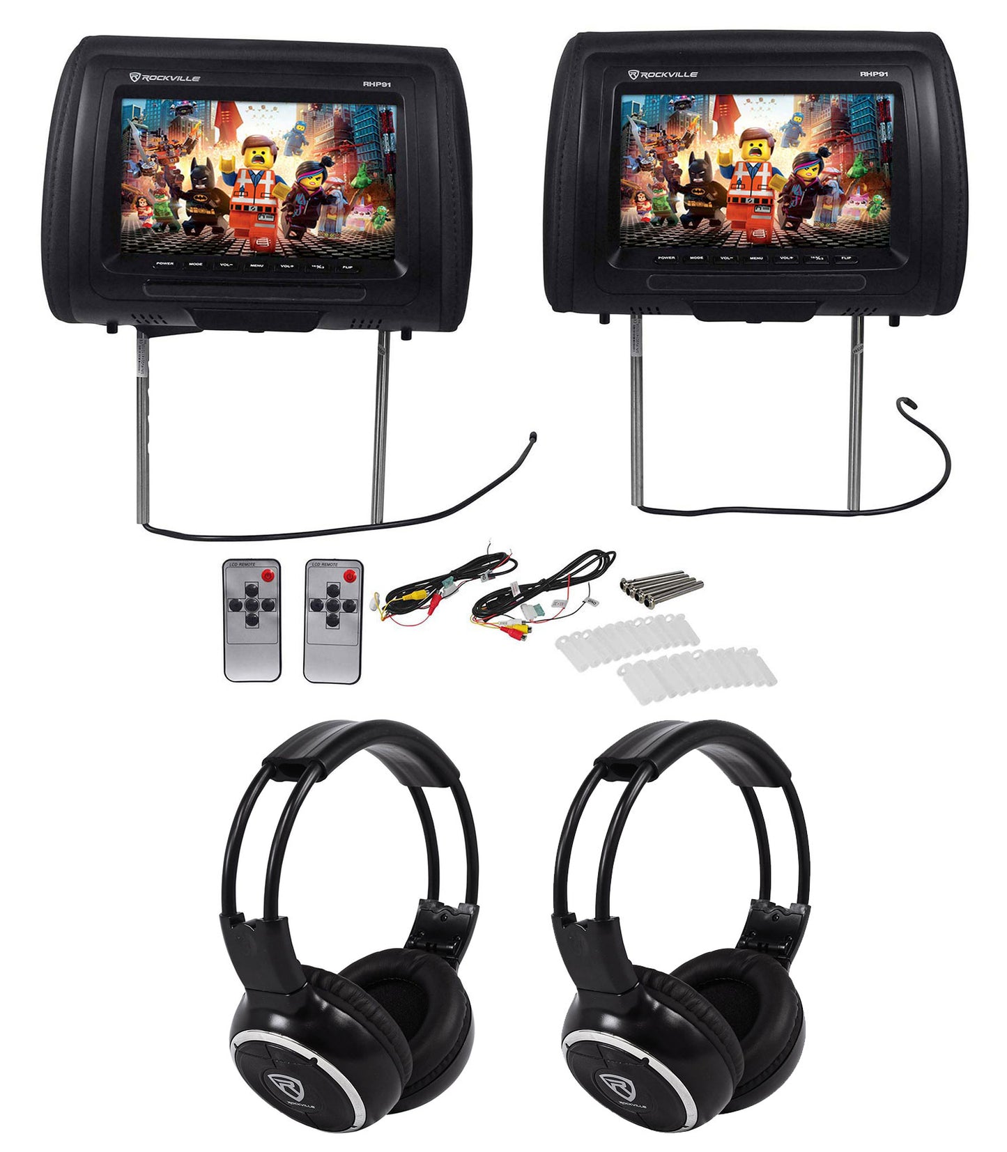 RHP91-BK Black Headrest Monitors + RFH3 IR Headphones 2-Pack Bundle
