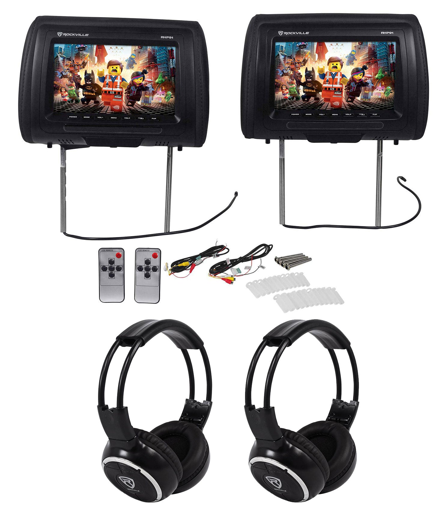 RHP91-BK Black Headrest Monitors + RFH3 IR Headphones 2-Pack Bundle