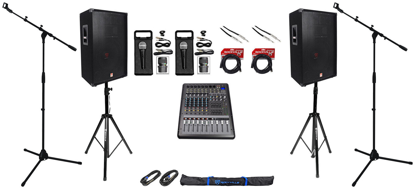 RSG15 15" Speakers 2-Pack + RPM870 Mixer, Mics, Stands Bundle