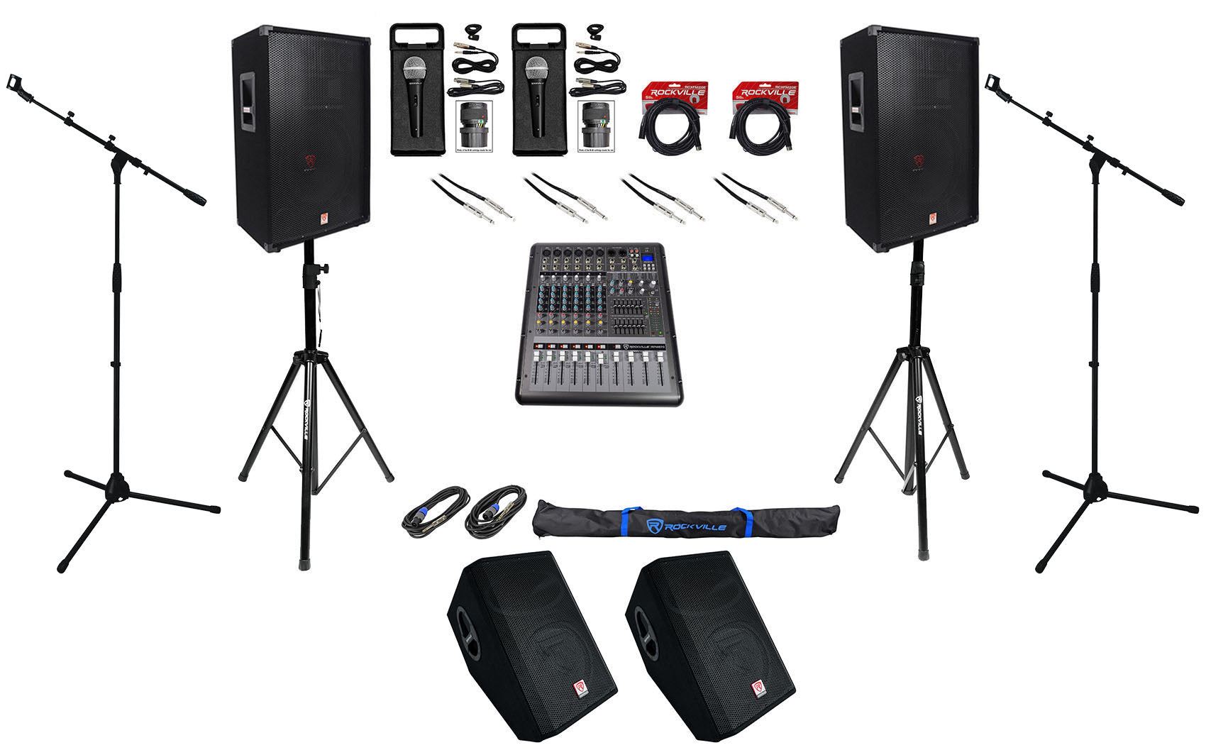 RSG15 Speakers 2-Pack + RPM870 Mixer + RSM12A Monitors Bundle