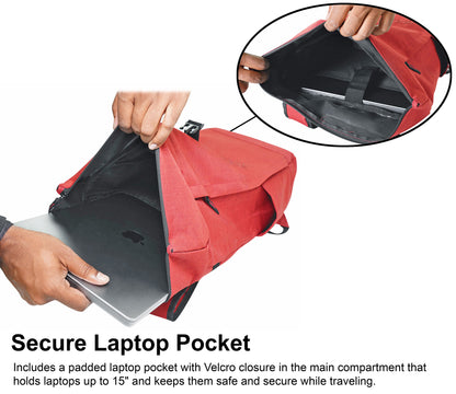 Red backpack with a secure laptop pocket, showing a close-up of the interior.