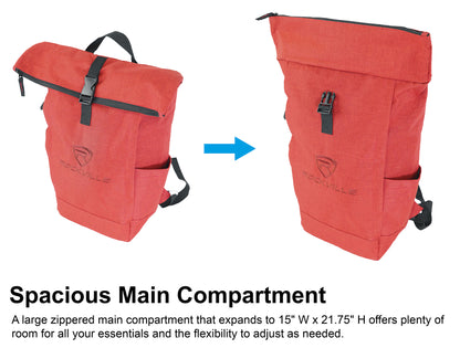 Red backpack with a spacious main compartment, showing expansion capability.