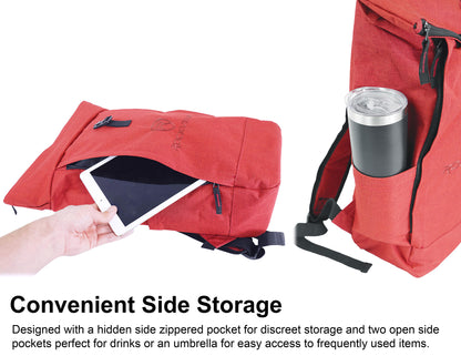 Red backpack with a hidden side zippered pocket and open side pockets, holding a tablet and a thermos.