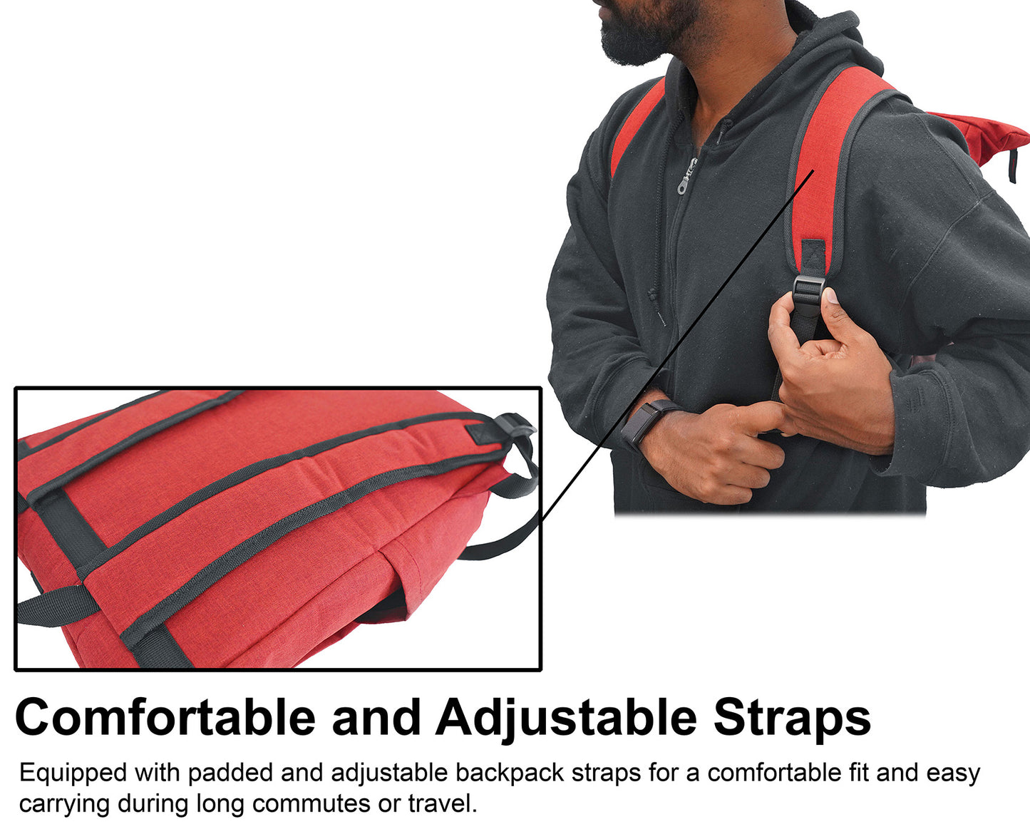 Person wearing a red backpack with adjustable straps, highlighting comfort and ease of use.
