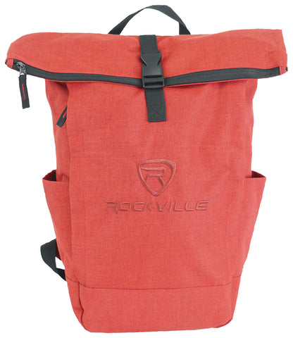 Red backpack with black straps and Rockville logo on a white background