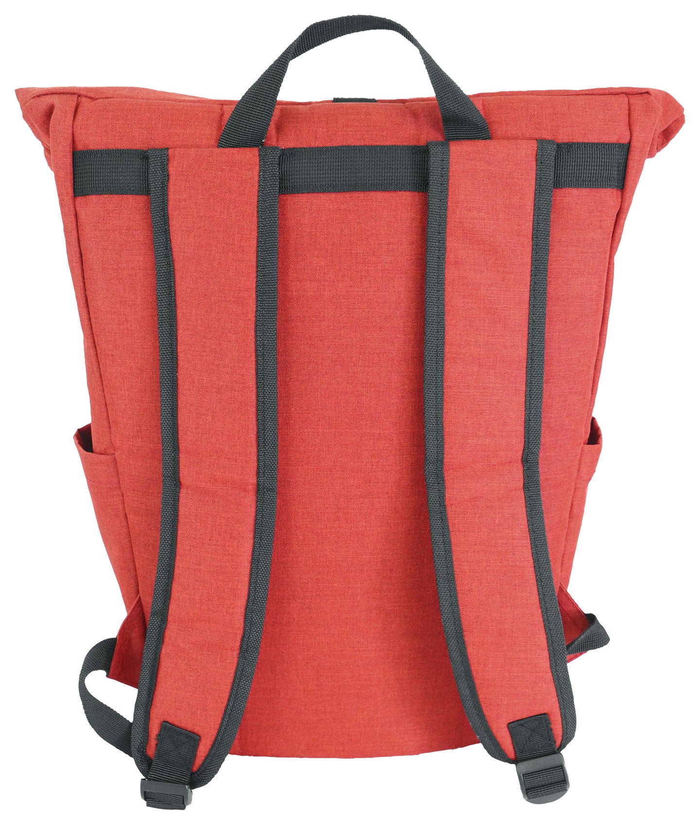 Red backpack with black straps on a white background