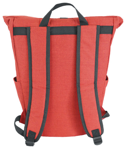 Red backpack with black straps on a white background
