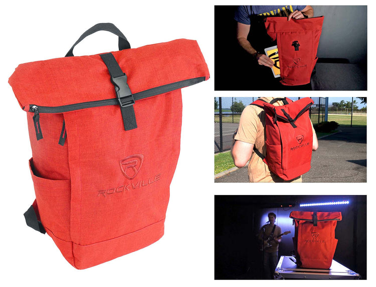 Red backpack with black straps and 'Rockville' logo, shown in various settings.
