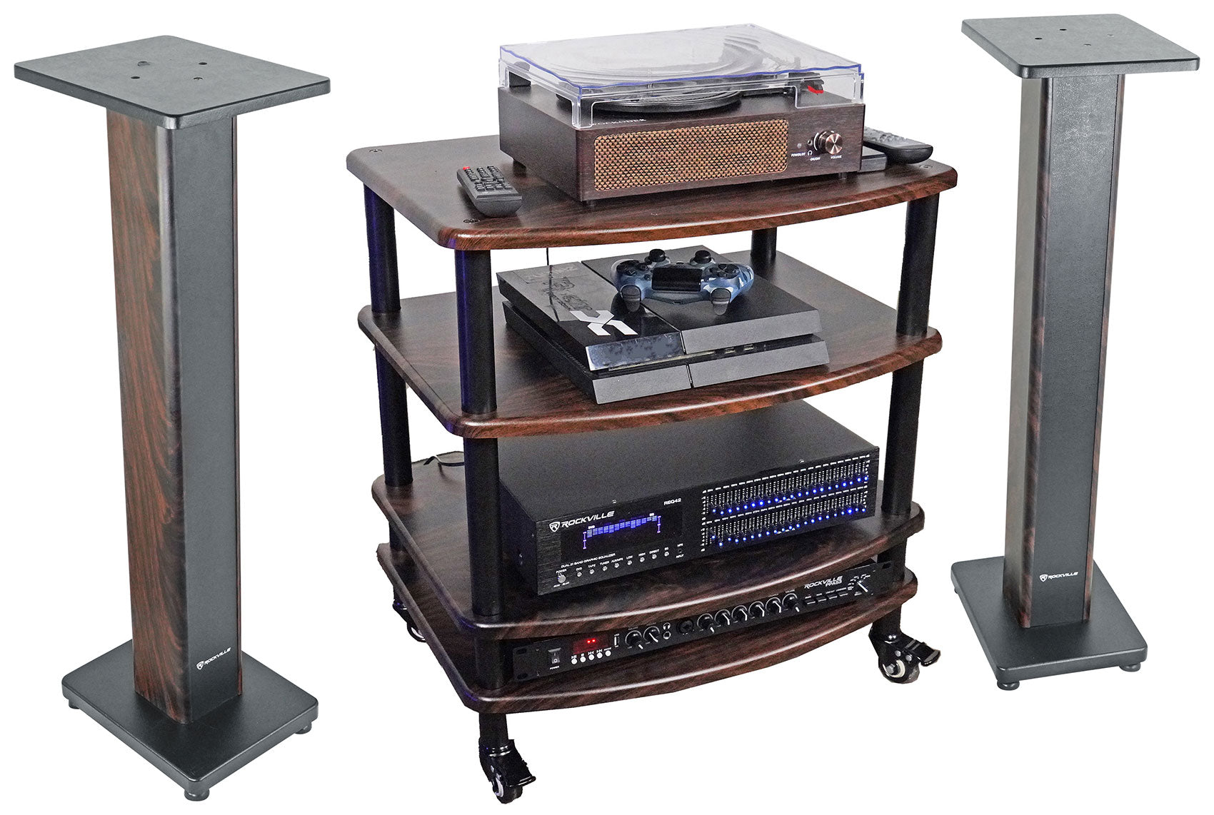 FLX Dark Wood + RHTSD Dark Wood Speaker Stands Bundle