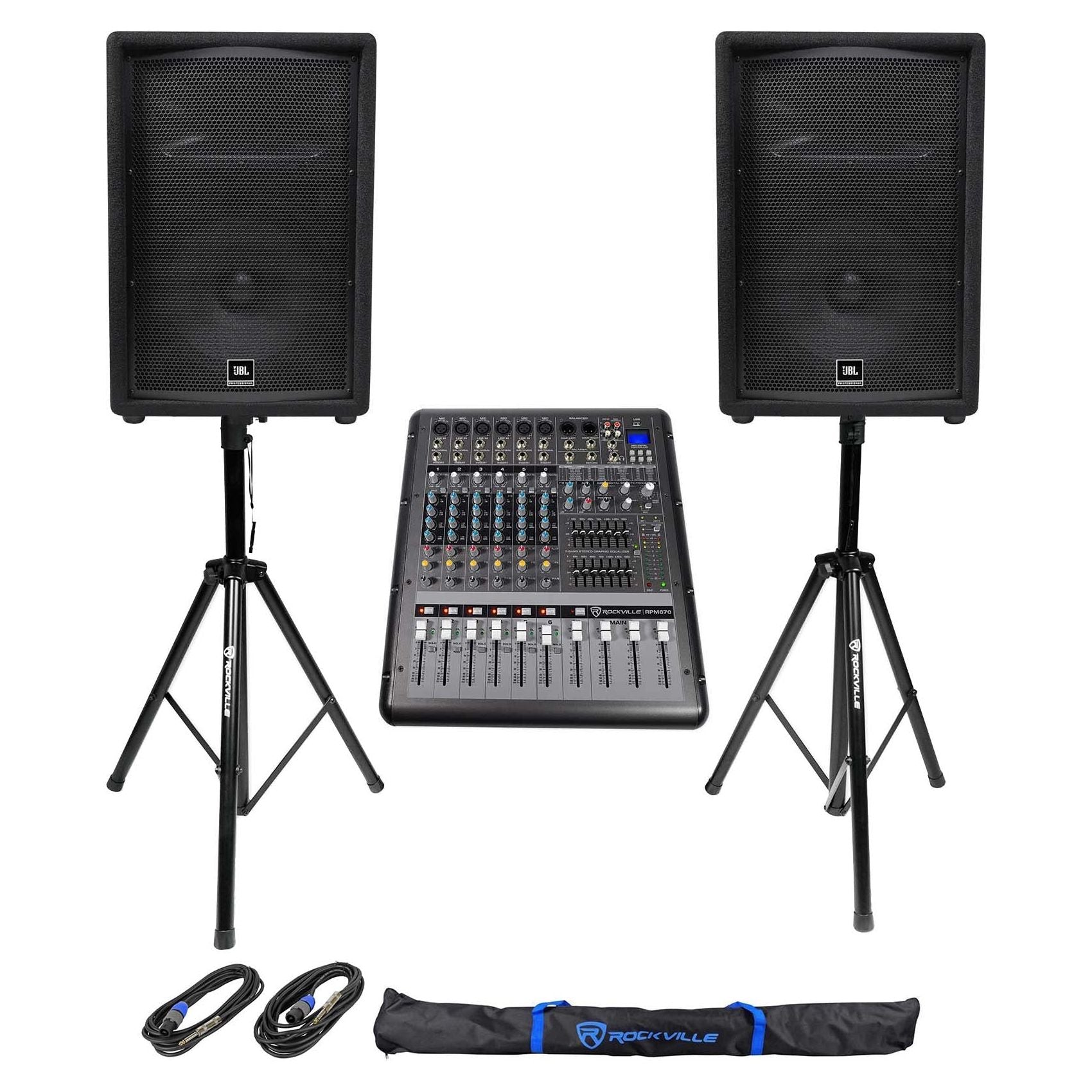 (2) JBL Pro JRX212 12" 2000w PA/DJ Speakers+Powered 8-Channel Mixer w/USB+Stands
