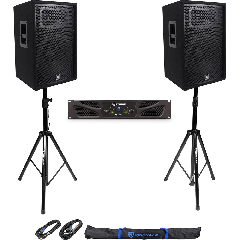 (2) JBL Pro JRX215 15" 2000w 8 Ohm PA/DJ Speakers+Crown Amplifier+Stands+Cables