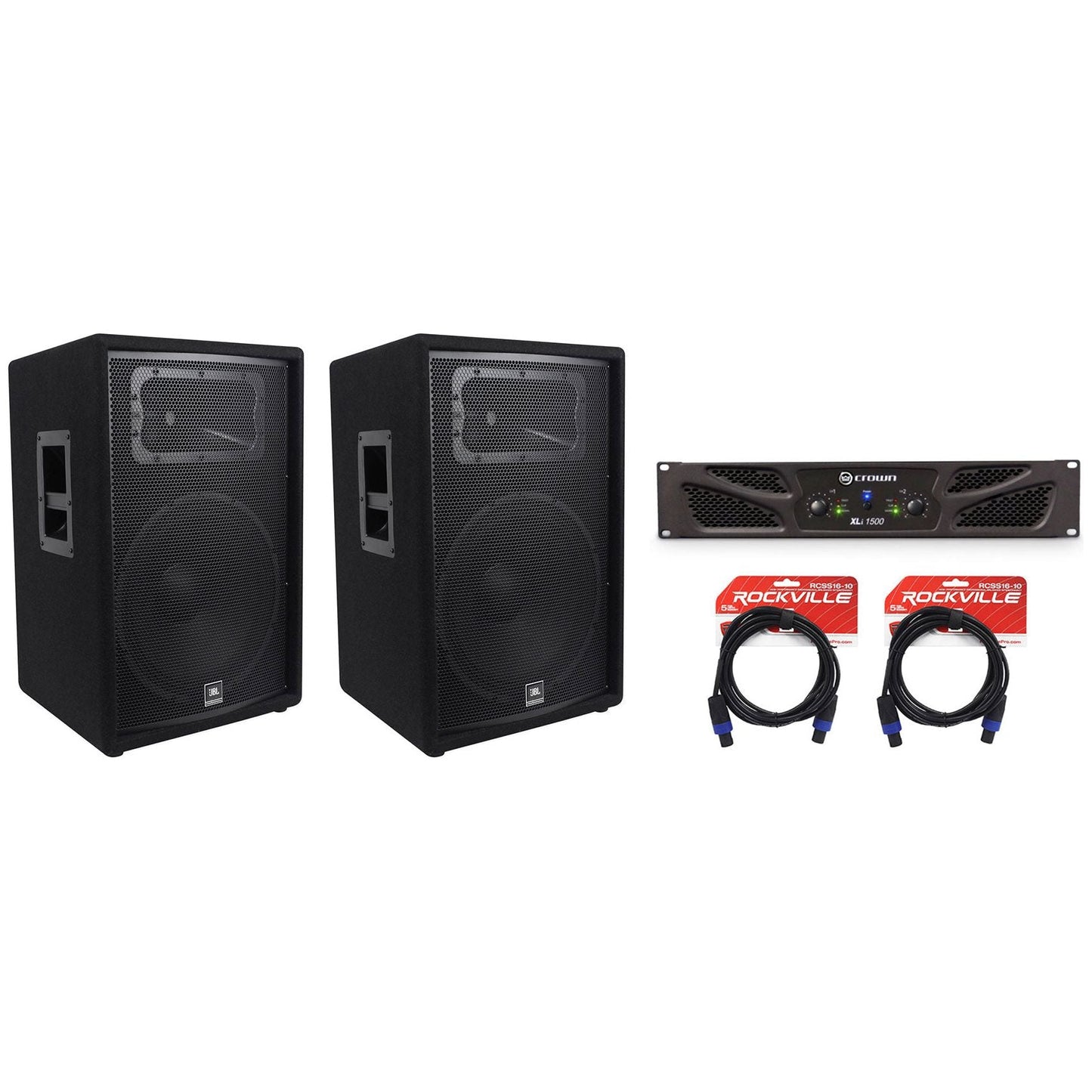 (2) JBL Pro JRX215 15" 2000w 8 Ohm PA/DJ Speakers+Crown Power Amplifier+Cables