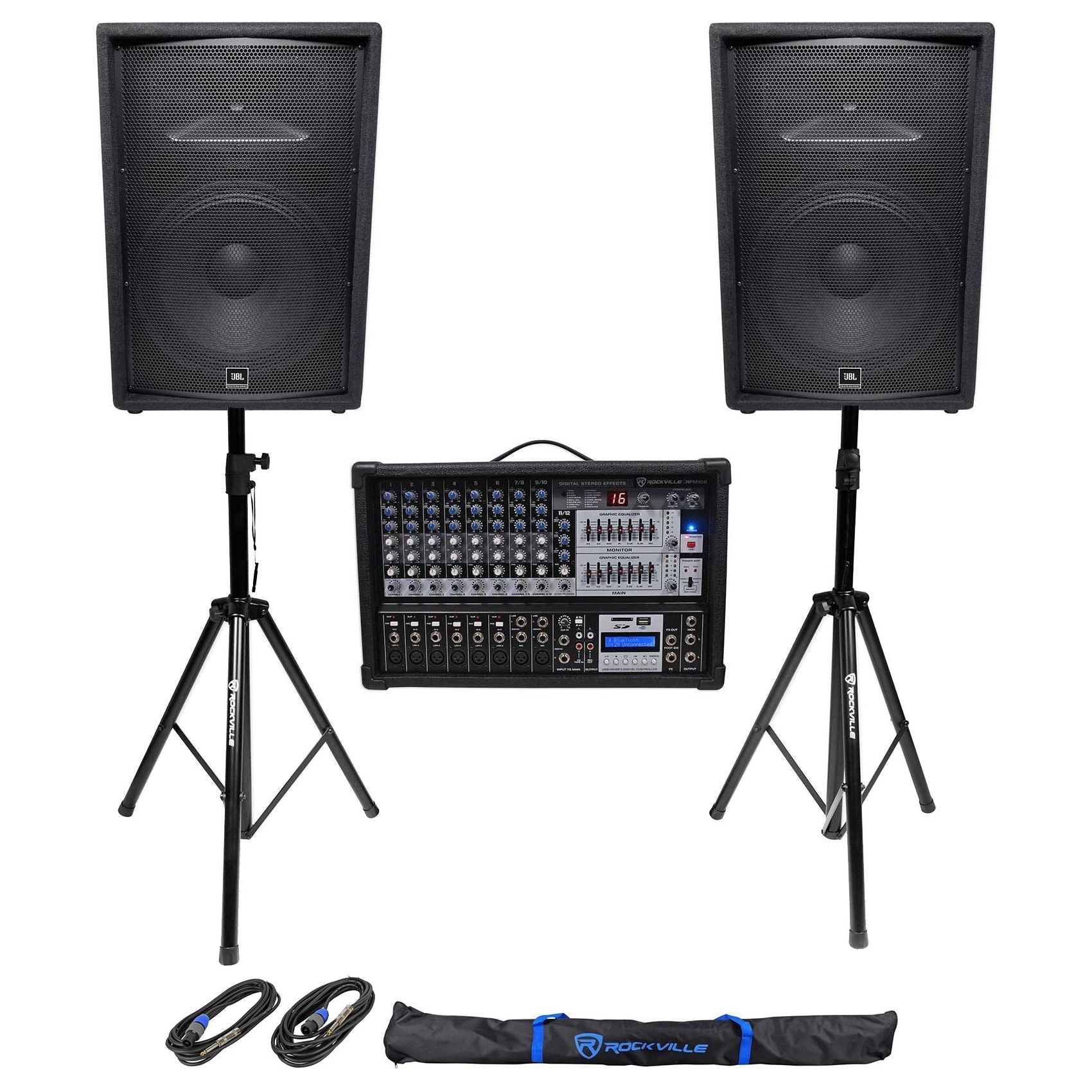 (2) JBL Pro JRX215 15" 2000w PA/DJ Speakers+Powered 12-Channel Mixer+Stands