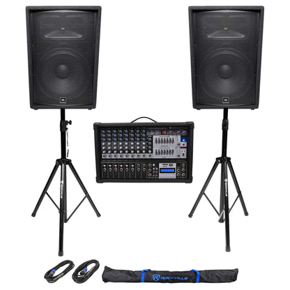 (2) JBL Pro JRX215 15" 2000w PA/DJ Speakers+Powered 12-Channel Mixer+Stands