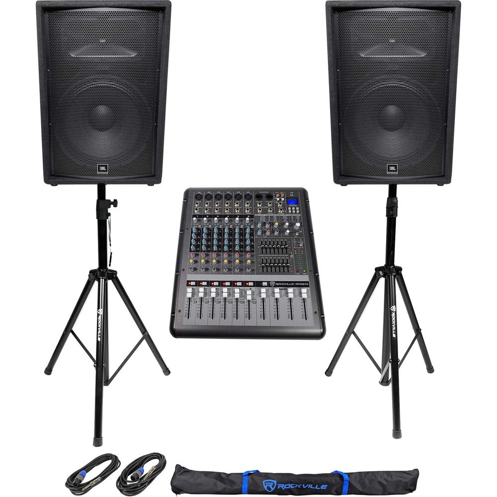 (2) JBL Pro JRX215 15" 2000w PA/DJ Speakers+Powered 8-Channel Mixer w/USB+Stands