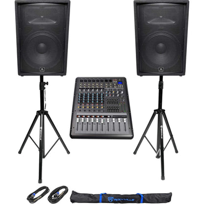 (2) JBL Pro JRX215 15" 2000w PA/DJ Speakers+Powered 8-Channel Mixer w/USB+Stands