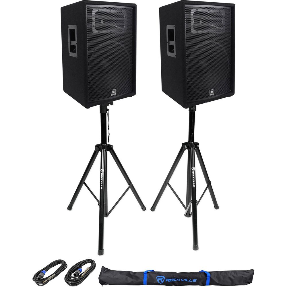 (2) JBL Pro JRX215 15" 2000w Passive 8 Ohm PA/DJ Speakers+Stands+Cables JRX 215
