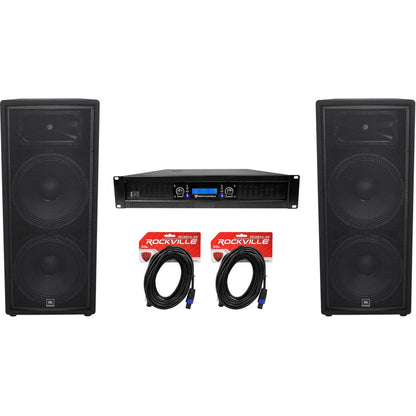 (2) JBL Pro JRX225 2000 Watt Dual 15" DJ PA Speakers+Power Amplifier+Cables
