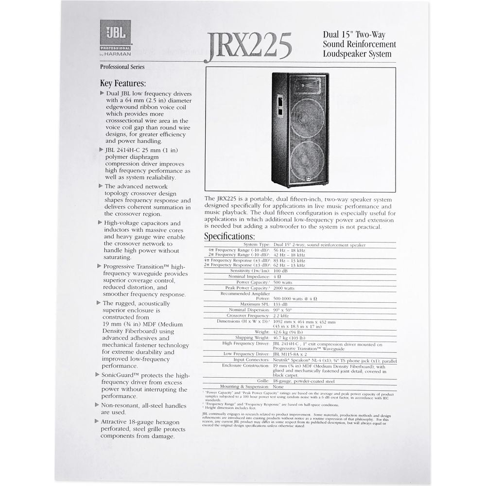 (2) JBL Pro JRX225 2000 Watt Dual 15" DJ PA Speakers+Power Amplifier+Cables